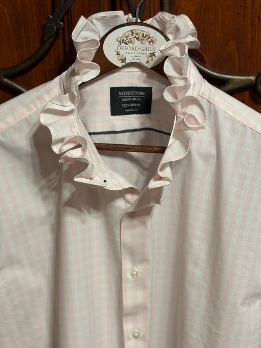 Upcycled Light Pink Gingham Ruffle Collar Blouse | Parisian Chic  | XXL